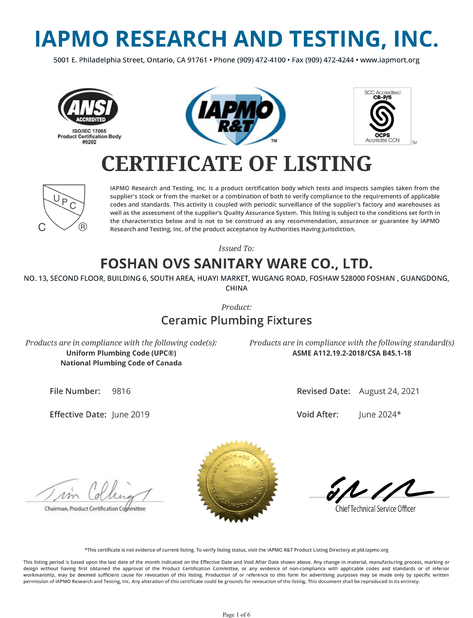 China Foshan OVC Sanitary Ware Co., Ltd Certificações